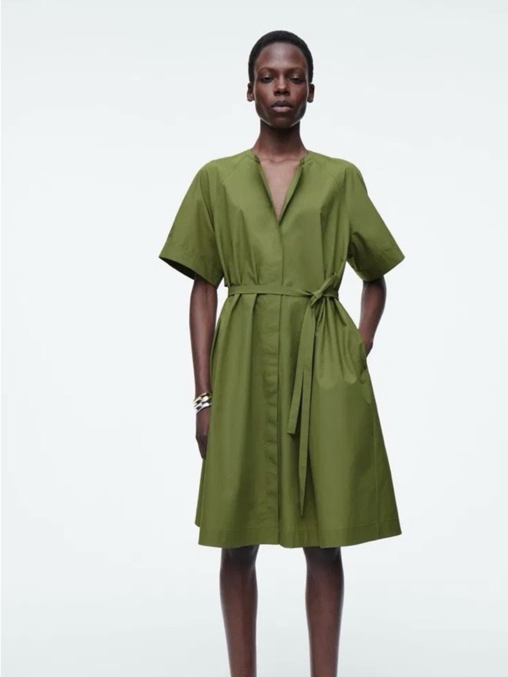 COS Raglan-Sleeve Cotton Dress Olive Green Utility Midi Dress Belted